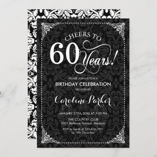 60th Birthday - Black and White Damask Invitation (Front/Back)