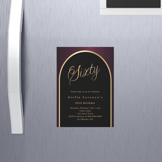 60th birthday black burgundy gold arch luxury magnetic invitation (Creator Uploaded)