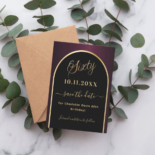 60th birthday black burgundy gold arch save the date