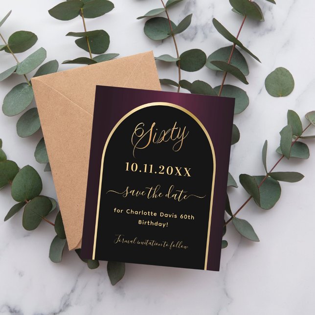 60th birthday black burgundy save the date card (Creator Uploaded)