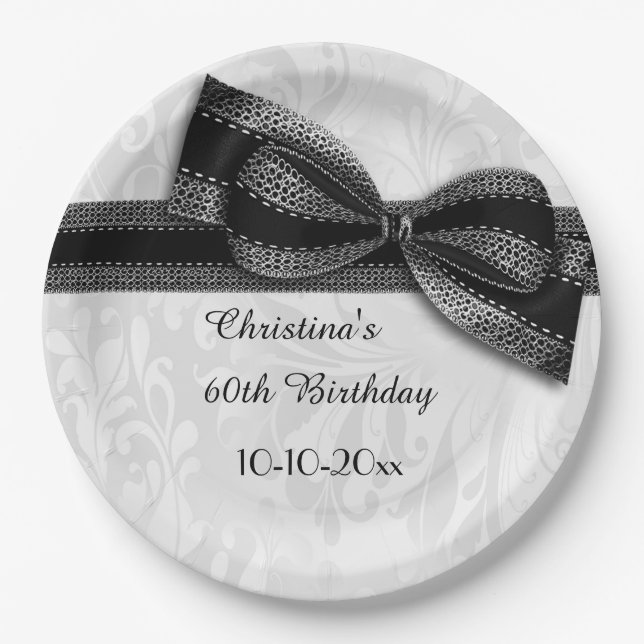 60th Birthday Black Damask and Faux Bow Paper Plate (Front)