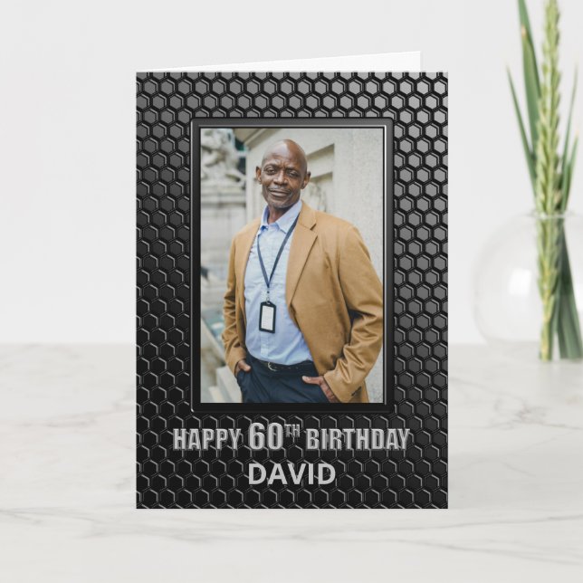 60th Birthday Black Geometric Pattern Custom Photo Card (Front)