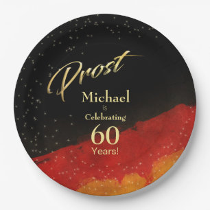 60th Birthday Black, Gold and Red Prost Paper Plate