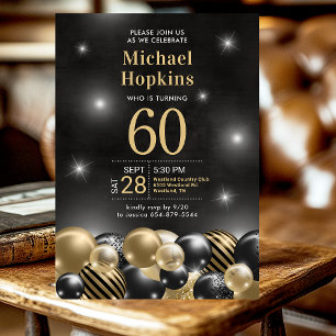 60th Birthday Black Gold Balloons Photo Invitation