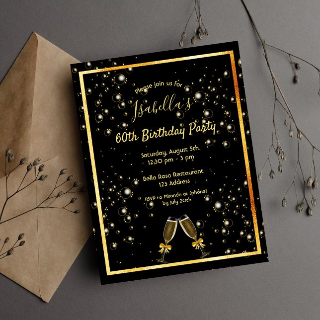 60th birthday black gold bubbles invitation postcard (Creator Uploaded)