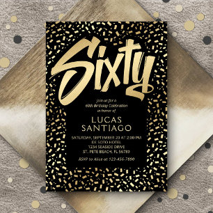60th Birthday Black Gold Confetti Invitation