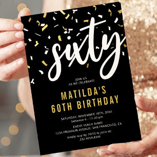60th Birthday Black Gold Confetti Invitation