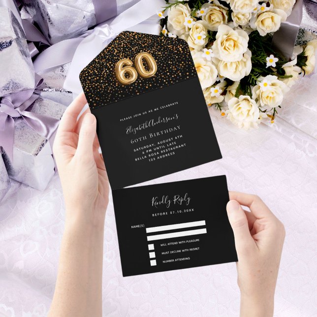 60th birthday black gold confetti rsvp all in one invitation (Creator Uploaded)
