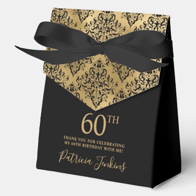 60th Birthday Black Gold Damask Thank You  Favour Box (Front)