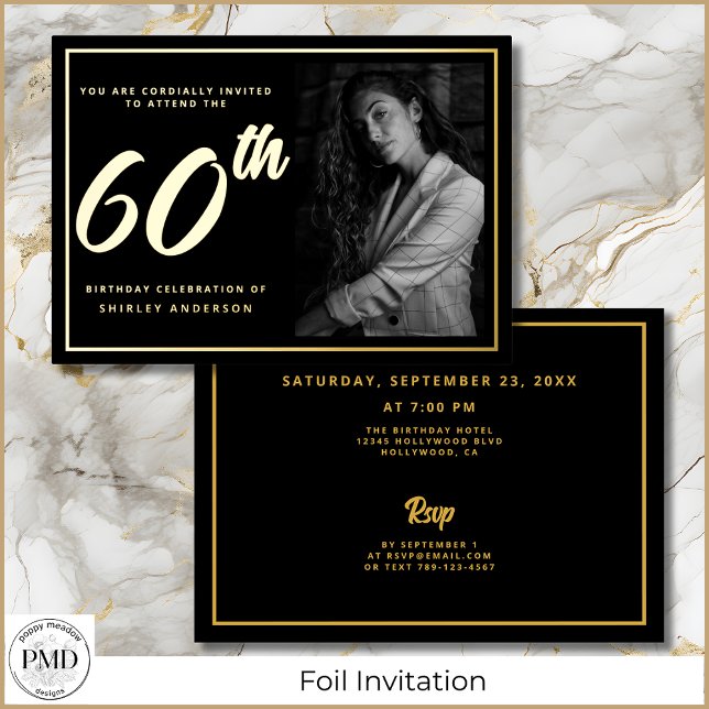 60th Birthday Black Gold Elegant Photo  (60th Birthday Elegant Photo Black and Gold Foil Invitation with Party Details on the Back.)