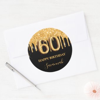 60th Birthday Black Gold Glitter Balloon Party Classic Round Sticker ...