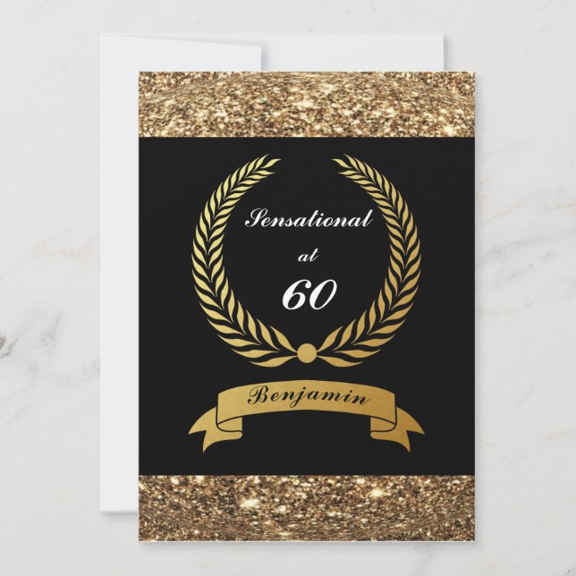 60th Birthday Black Gold Glitter Elegant Party  Invitation (Front)