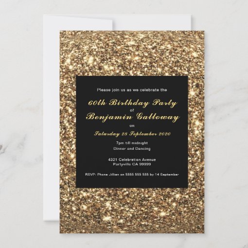 60th Birthday Black Gold Glitter Elegant Party Invitation | Zazzle