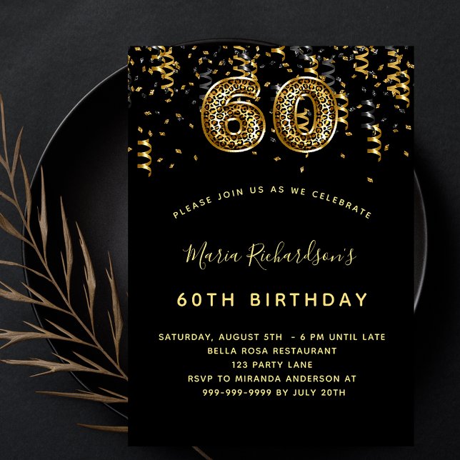 60th birthday black gold leopard pattern confetti invitation (Creator Uploaded)