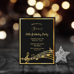 60th birthday black gold music notes invitation postcard<br><div class="desc">A trendy, modern 60th birthday party invitation card for both men and women. A classic black background, with faux gold frame and music notes, golden coloured letters. Templates for your party information. Back: white background. Tip: If you don't want it to look like a postcard, click customise, go to the...</div>