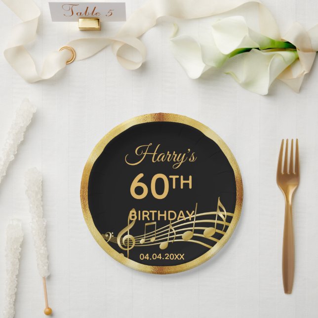 60th birthday black gold music notes men guys paper plate (Wedding)