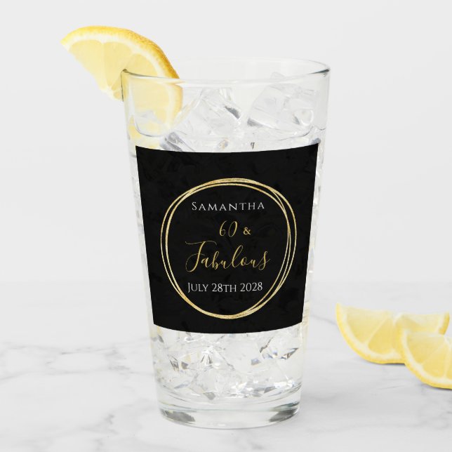 60th Birthday Black Gold Personalised Party Favour Glass (Front Ice)