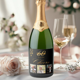 60th birthday black gold photo cheers script sparkling wine label