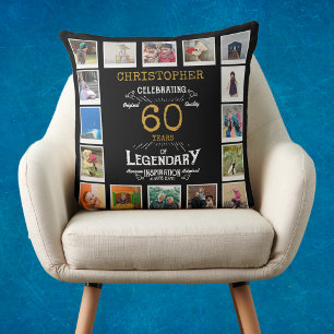 60th Birthday Black Gold Photo Collage Cushion