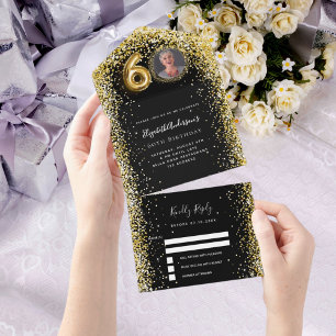 60th birthday black gold photo rsvp all in one invitation