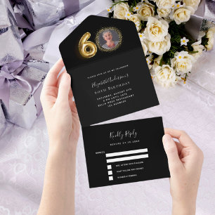 60th birthday black gold photo rsvp all in one invitation