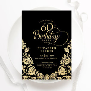 60th Birthday Black Gold Roses Invitation