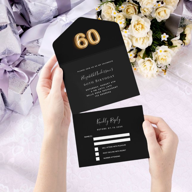 60th birthday black gold rsvp all in one invitation (Creator Uploaded)