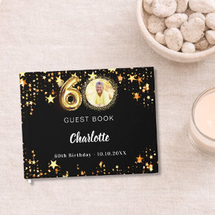 60th Birthday black gold stars photo Guest Book
