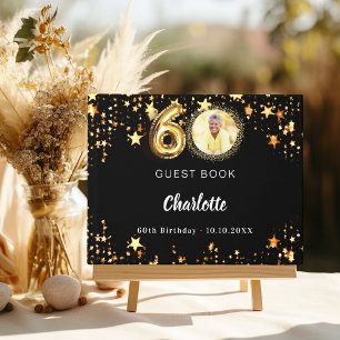 60th Birthday black gold stars photo Guest Book