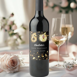 60th birthday black gold stars photo wine label