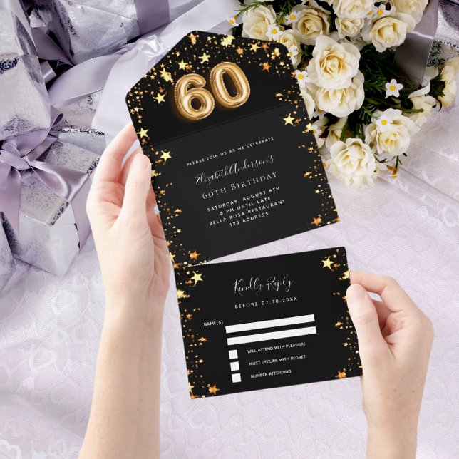 60th birthday black gold stars rsvp all in one invitation (Creator Uploaded)