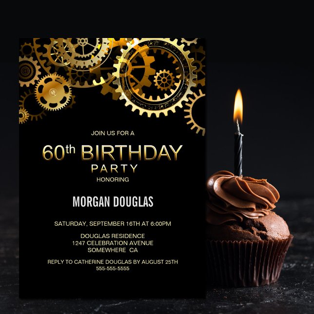 60th Birthday Black Gold Steampunk Watch Gears Invitation (Creator Uploaded)