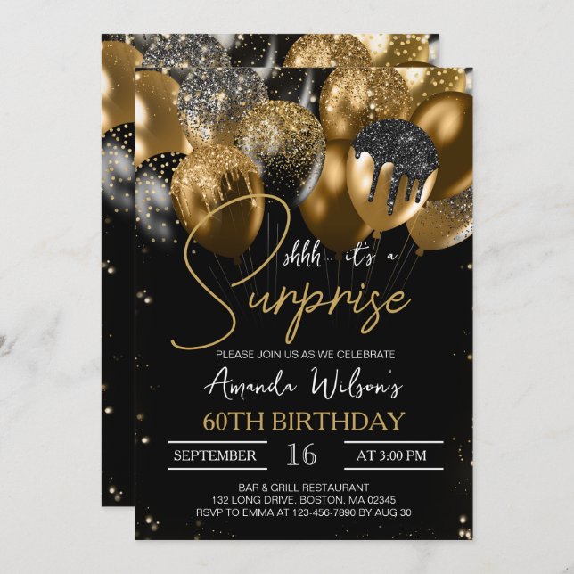 60th Birthday Black Gold Surprise Party Invitation (Front/Back)