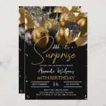 60th Birthday Black Gold Surprise Party Invitation<br><div class="desc">60th Birthday Surprise Party,  Black and Gold Glitter Balloons Birthday Party Invitation for women,  men. Elegant Gold Script Birthday Party Invite 18th 20th 21st 30th 40th 50th 60th 70th 80th 90th 100th,  Any Ages.
Part of a collection. Matching items available.</div>