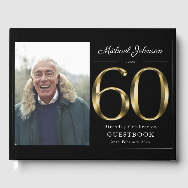 60th Birthday Black Gold Typography Custom Photo Guest Book (Front)