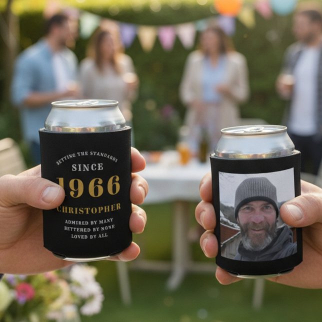 60th Birthday Black Gold With Photo Can Cooler (1966 can cooler front and rear with blurred background.)