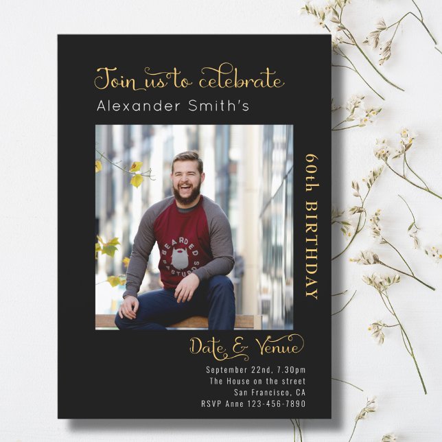 60th Birthday Black Invitation (60th birthday personalized black and gold party invitations with photo)