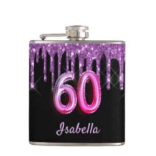 60th birthday black purple glitter monogram hip flask