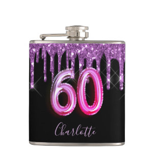 60th birthday black purple glitter script friends hip flask