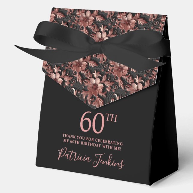 60th Birthday Black Rose Gold Floral Thank You  Favour Box (Front)
