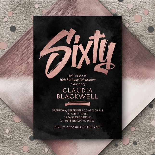 60th Birthday Black Rose Gold Invitation (Creator Uploaded)