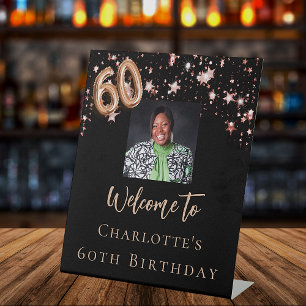 60th Birthday black rose gold photo star welcome   Pedestal Sign