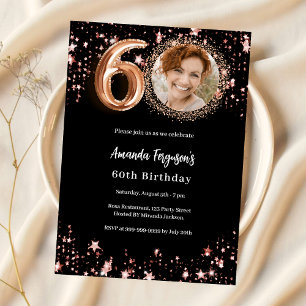 60th Birthday black rose gold photo stars luxury Invitation