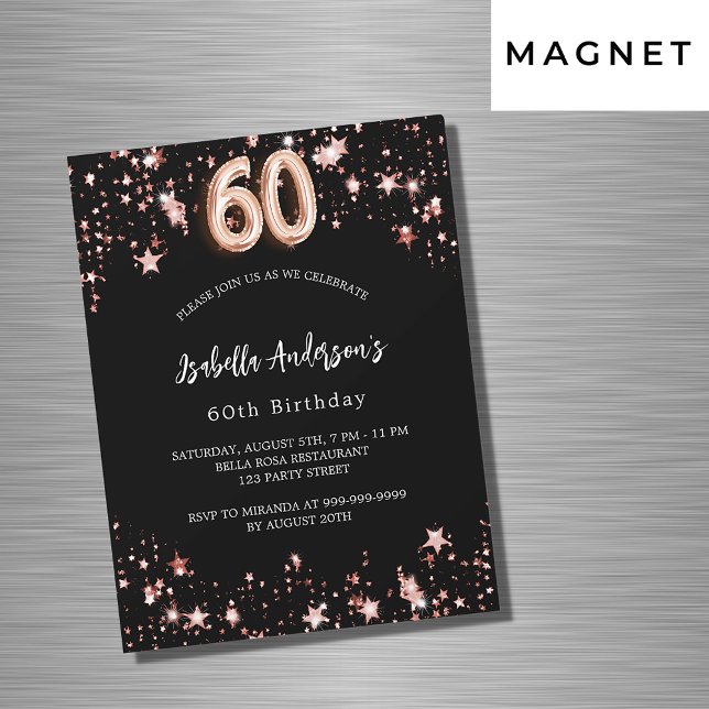 60th birthday black rose gold stars luxury magnetic invitation (Creator Uploaded)