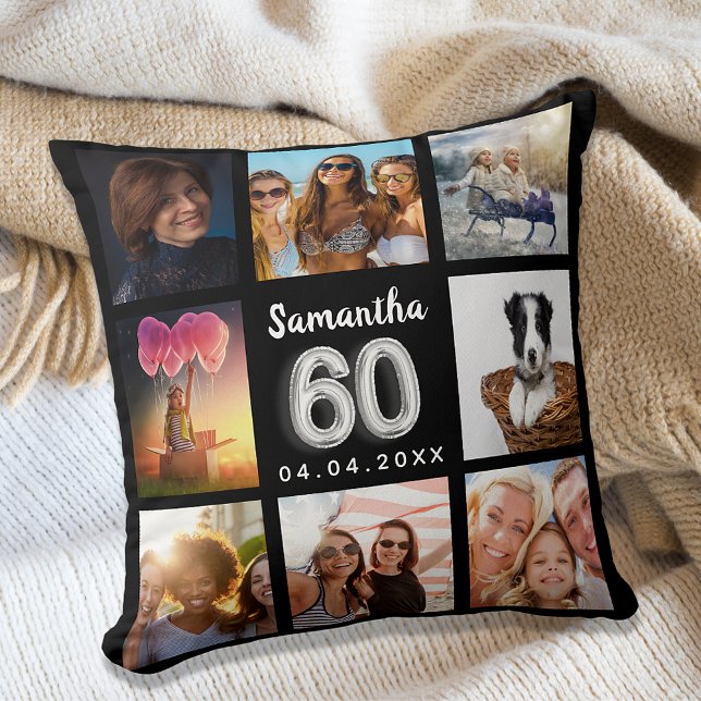 60th birthday black silver custom photo collage cushion (Creator Uploaded)