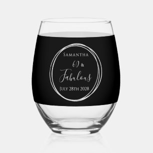 60th Birthday Black Silver Personalized Party Stemless Wine Glass