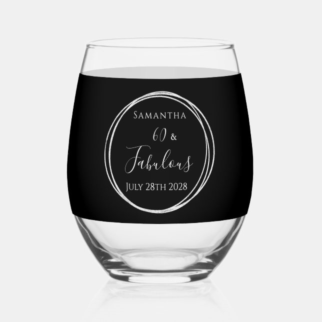 60th Birthday Black Silver Personalized Party Stemless Wine Glass (Front)