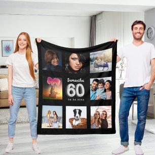 60th birthday black silver photo collage name fleece blanket