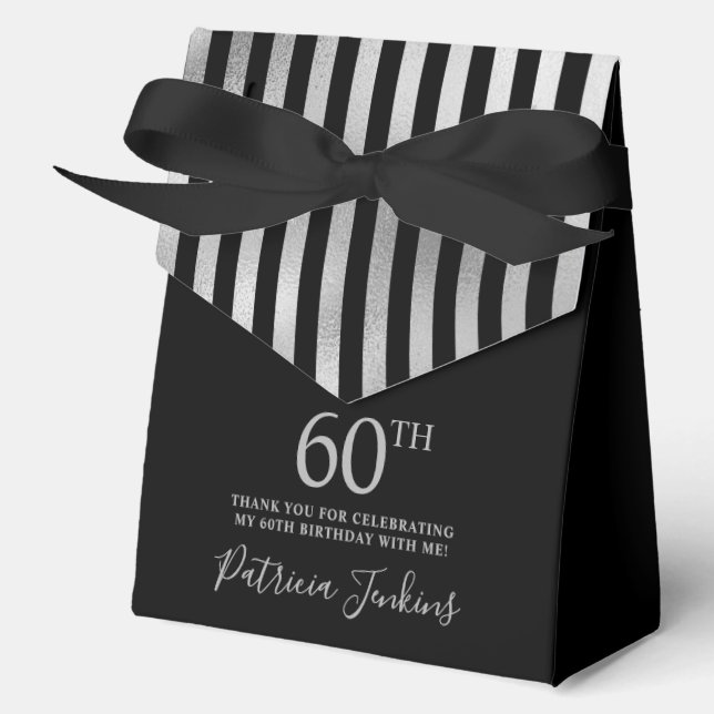 60th Birthday Black Silver Striped Thank You  Favour Box (Front)
