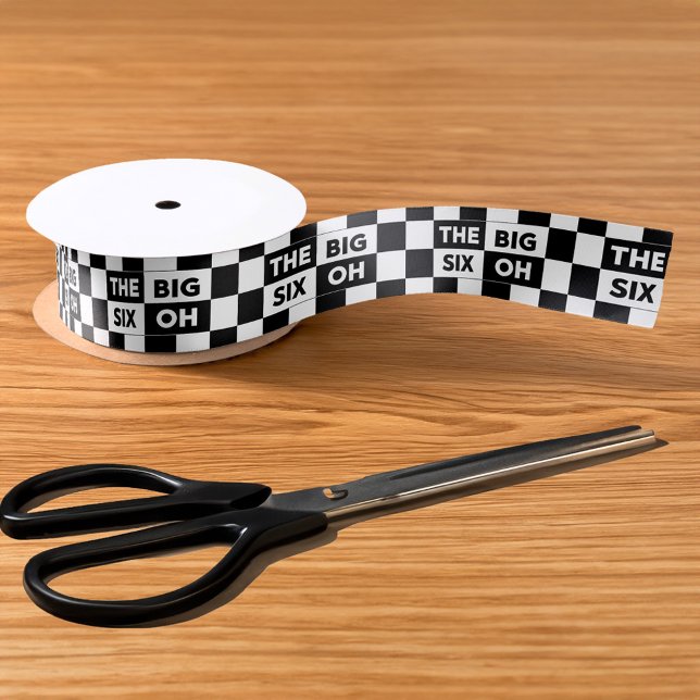 60th Birthday Black White Chequered Pattern Satin Ribbon (60th Birthday Black White Checkered Pattern Ribbon, in situ)